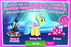 Size: 796x525 | Tagged: safe, imported from derpibooru, lemony gem, pony, unicorn, advertisement, background pony, costs real money, female, gameloft, gem, mare, official, saddle, sale, solo, tack, tower