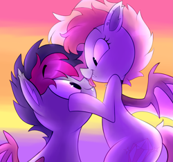 Size: 2365x2216 | Tagged: safe, artist:norithecat, imported from derpibooru, oc, oc only, oc:candy quartz, oc:retro wave, bat pony, pony, :p, affection, bat pony oc, brother and sister, candywave, collar, cute, duo, ear piercing, fangs, female, floppy ears, fluffy, happy, licking, male, ocbetes, piercing, siblings, silly, snuggling, sunset, tongue out, weapons-grade cute