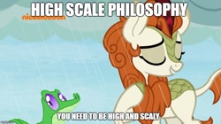 Size: 888x499 | Tagged: safe, edit, edited screencap, imported from derpibooru, screencap, autumn blaze, gummy, alligator, kirin, sounds of silence, cloud, cloudy, cloven hooves, duo, eyes closed, female, grin, image macro, male, meme, philosophy, pun, rain, scales, smiling, text