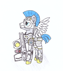 Size: 1024x1152 | Tagged: safe, artist:zocidem, imported from derpibooru, pony, armor, cyberpunk, male, royal guard, simple background, solo, technology, traditional art, weapon, white background