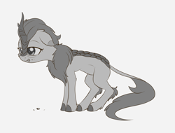 Size: 1323x1005 | Tagged: safe, artist:dusthiel, imported from derpibooru, autumn blaze, kirin, sounds of silence, cloven hooves, exhausted, female, grayscale, monochrome, quadrupedal, simple background, solo, white background