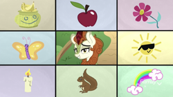 Size: 1334x750 | Tagged: safe, imported from derpibooru, screencap, autumn blaze, butterfly, kirin, squirrel, sounds of silence, apple, banana, basket, candle, collage, discovery family logo, female, flower, food, rainbow, raised eyebrow, solo, sun, sunglasses