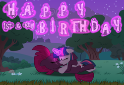 Size: 12626x8753 | Tagged: safe, artist:ejlightning007arts, imported from derpibooru, tempest shadow, twilight sparkle, alicorn, pony, unicorn, my little pony: the movie, absurd resolution, anniversary, duo, female, happy birthday mlp:fim, kiss on the lips, kissing, lesbian, mare, mlp fim's eighth anniversary, mlp movie anniversary, shipping, tempest the birthday guest, tempestlight, twilight sparkle (alicorn)