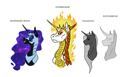 Size: 843x523 | Tagged: safe, artist:phobicalbino, imported from derpibooru, daybreaker, nightmare moon, princess cadance, twilight sparkle, oc, oc:equilibrium, oc:stagnatia, dragon, armor, bust, dragonified, ethereal mane, mane of fire, nightmare cadance, nightmare night, nightmare twilight, nightmarified, portrait, simple background, species swap, starry mane, white background