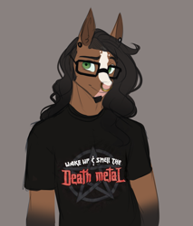 Size: 1995x2340 | Tagged: safe, artist:askbubblelee, imported from derpibooru, oc, oc only, oc:walter nutt, anthro, earth pony, alternate hairstyle, anthro oc, clothes, facial hair, goatee, male, nose piercing, nose ring, piercing, shirt, simple background, smiling, solo, stallion