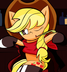 Size: 3900x4200 | Tagged: safe, artist:j5ajj, imported from derpibooru, applejack, pony, clothes, female, hay stalk, hoof boots, mare, one eye closed, scarf, solo, straw in mouth