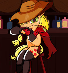 Size: 3900x4200 | Tagged: safe, artist:j5ajj, imported from derpibooru, applejack, pony, bar, clothes, female, handgun, hay stalk, hoof boots, mare, scarf, solo, straw in mouth