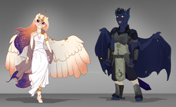 Size: 1650x1000 | Tagged: safe, artist:joan-grace, imported from derpibooru, oc, oc only, oc:king cosmos, oc:queen galaxia, alicorn, anthro, bat pony, unguligrade anthro, alicorn oc, anthro oc, bat pony oc, celestia and luna's father, celestia and luna's mother, clothes, crown, dress, duo, female, galamos, gray background, jewelry, male, mare, necklace, regalia, simple background, stallion, white dress