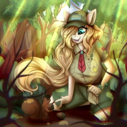 Size: 1350x1350 | Tagged: safe, artist:igazella, imported from derpibooru, oc, oc only, anthro, squirrel, acorn, anthro oc, cap, clothes, cute, digital art, female, hair over one eye, hat, looking down, mare, open mouth, shirt, shorts, signature, smiling, solo, ych result