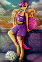 Size: 900x1350 | Tagged: safe, artist:igazella, imported from derpibooru, scootaloo, anthro, pegasus, ball, belly button, breasts, busty scootaloo, cleavage, clothes, female, midriff, older, older scootaloo, shirt, shorts, smiling, solo, sports, sports uniform, volleyball, ych result