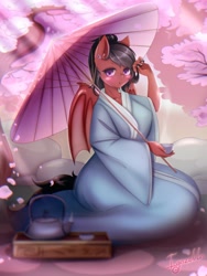 Size: 1470x1960 | Tagged: safe, artist:igazella, imported from derpibooru, oc, oc only, oc:mariposa, anthro, bat pony, :o, anime, anthro oc, bat pony oc, blushing, cherry blossoms, clothes, cup, cute, ear piercing, earring, flower, flower blossom, holding, jewelry, kimono (clothing), looking at you, open mouth, piercing, ponytail, rock, signature, sitting, solo, steam, teacup, teapot, tree, umbrella, ych result