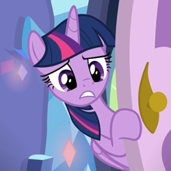 Size: 1078x1078 | Tagged: safe, imported from derpibooru, screencap, twilight sparkle, alicorn, pony, father knows beast, bipedal, bipedal leaning, cropped, door, doorknob, female, frown, leaning, mare, reaction image, sad, solo, spike's room, twilight sparkle (alicorn), worried