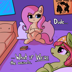 Size: 1280x1280 | Tagged: safe, artist:tjpones, imported from derpibooru, fluttershy, tree hugger, earth pony, pegasus, pony, aminals, bob marley, couch, dialogue, drugs, duo, female, high, indoors, intentional spelling error, mare, pillow, tree stoner