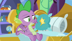 Size: 1920x1080 | Tagged: safe, imported from derpibooru, screencap, spike, dragon, father knows beast, bed, book, discovery family logo, male, pillow, sewing, sewing needle, snow globe, solo, spike's bed, spike's room, thread, throw pillow, winged spike, wings