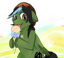 Size: 1111x1000 | Tagged: safe, artist:ligynkey, imported from derpibooru, oc, oc only, oc:indie cred, pegasus, pony, female, food, hat, hoof hold, ice cream, ice cream cone, mare, simple background, smiling, solo, wings, ych result
