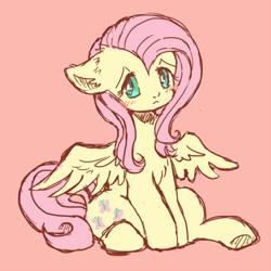 Size: 500x500 | Tagged: safe, artist:tsukuda, imported from derpibooru, fluttershy, pegasus, pony, blushing, female, floppy ears, looking away, looking sideways, mare, pink background, simple background, sitting, solo, spread wings, wings