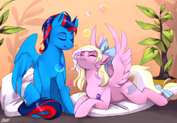 Size: 2300x1600 | Tagged: safe, artist:varllai, imported from derpibooru, oc, oc only, oc:andrew swiftwing, oc:bay breeze, pegasus, pony, boop, bubble, couple, cute, duo, eyes closed, female, male, mare, nose wrinkle, noseboop, pillow, plant, smiling, stallion, swiftbreeze, ych result
