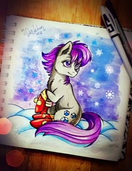 Size: 834x1080 | Tagged: safe, artist:das_leben, imported from derpibooru, oc, oc only, oc:tender sugarcube, earth pony, pony, clothes, female, mare, snow, socks, solo, traditional art, winter
