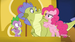 Size: 1920x1080 | Tagged: safe, imported from derpibooru, screencap, pinkie pie, sludge (dragon), spike, dragon, earth pony, pony, father knows beast, bipedal, bipedal leaning, discovery family logo, female, leaning, male, mare, narrowed eyes, sludge (g4), trio, winged spike, wings