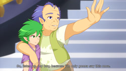 Size: 1280x721 | Tagged: safe, artist:jonfawkes, imported from derpibooru, sludge (dragon), spike, human, father knows beast, clothes, duo, elf ears, humanized, male, scene interpretation, sludge (g4), smiling, subtitles