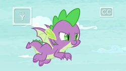 Size: 1920x1080 | Tagged: safe, imported from derpibooru, screencap, spike, dragon, father knows beast, flying, male, solo, tv rating, tv-y, winged spike, wings