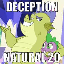 Size: 500x500 | Tagged: safe, edit, edited screencap, imported from derpibooru, screencap, sludge (dragon), spike, dragon, father knows beast, blatant lies, cropped, dungeons and dragons, eye contact, friendship throne, image macro, lies, looking at each other, male, meme, pen and paper rpg, raised eyebrow, reaction image, rpg, side hug, sludge (g4), smiling, text, this will end in tears, throne, twilight's castle, winged spike, wings