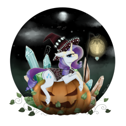 Size: 1280x1280 | Tagged: safe, alternate version, artist:evlass, imported from derpibooru, rarity, bat, bird, crow, ghost, pony, unicorn, butt, canon, cape, clothes, crystal, dock, ear fluff, female, floppy ears, halloween, hat, holiday, horn, jack-o-lantern, lantern, looking at you, mare, moon, night, night sky, plot, pouting, pumpkin, rearity, simple background, sky, solo, transparent background, witch hat