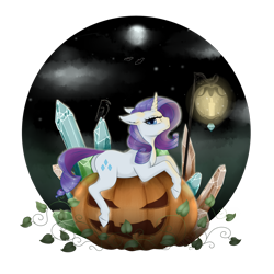 Size: 1280x1280 | Tagged: safe, alternate version, artist:evlass, imported from derpibooru, rarity, bat, bird, crow, ghost, pony, unicorn, beautiful, butt, candle, canon, cloud, crystal, dark background, dock, ear fluff, eerie, female, floppy ears, full moon, halloween, holiday, horn, jack-o-lantern, lantern, leaf, looking at you, mare, moon, night, night sky, plot, pouting, pumpkin, rearity, simple background, sky, solo, transparent background