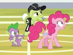 Size: 657x492 | Tagged: safe, imported from derpibooru, screencap, granny smith, pinkie pie, spike, dragon, earth pony, pony, father knows beast, buckball court, clothes, cropped, crouching, female, hat, male, mare, referee, shirt, surprised, uniform, whistle, whistle necklace, winged spike, wings