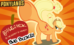 Size: 3000x1847 | Tagged: safe, alternate version, artist:mrkat7214, imported from derpibooru, applejack, earth pony, pony, borderlands, female, poster, solo, sunburst background