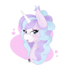 Size: 894x894 | Tagged: safe, artist:pitifulrocks, imported from derpibooru, oc, oc only, pony, unicorn, abstract background, bust, choker, cute, female, fluffy, freckles, mare, pastel, portrait, pretty, simple background, solo, tongue out, transparent background