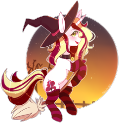 Size: 1885x1957 | Tagged: safe, artist:emily-826, imported from derpibooru, oc, oc only, oc:vanilla reddagger, pony, unicorn, bell, bell collar, broom, clothes, collar, female, hat, mare, simple background, socks, solo, striped socks, transparent background, witch hat