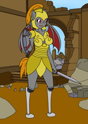 Size: 881x1234 | Tagged: safe, artist:linedraweer, imported from derpibooru, oc, oc only, oc:dusk glider, anthro, bat pony, amputee, anthro oc, armor, bat wings, commission, fangs, fantasy class, female, helmet, prosthetic limb, prosthetics, royal guard, ruin, shield, solo, sword, warrior, weapon, wings