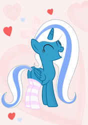 Size: 2039x2894 | Tagged: safe, artist:riofluttershy, imported from derpibooru, oc, oc only, oc:fleurbelle, alicorn, pony, abstract background, alicorn oc, bow, clothes, heart, socks, solo, striped socks