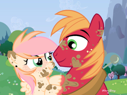 Size: 1060x792 | Tagged: safe, artist:xxsakuragalaxyxx, imported from derpibooru, big macintosh, oc, oc:appleshy, earth pony, pegasus, pony, base used, colored hooves, duo, father and daughter, female, filly, freckles, male, mud, muddy, offspring, parent:big macintosh, parent:fluttershy, parents:fluttermac, signature, stallion, unshorn fetlocks