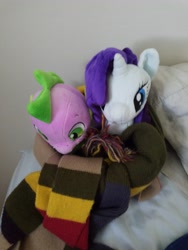 Size: 4032x3024 | Tagged: safe, imported from derpibooru, rarity, spike, clothes, female, male, plushie, scarf, shipping, sparity, straight