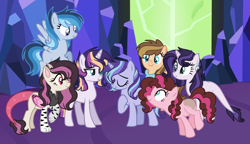 Size: 2464x1424 | Tagged: safe, artist:geekcoffee, artist:logic-puzzle665, imported from derpibooru, oc, oc only, oc:amethyst, oc:bluish sky, oc:butterfly, oc:cookie rose, oc:juicy apple, oc:moonlight glow, oc:starry dawn, dracony, earth pony, hybrid, pegasus, pony, unicorn, base used, digital art, eyes closed, eyeshadow, female, freckles, geekyverse, group, interspecies offspring, magical lesbian spawn, makeup, mare, mascara, next generation, offspring, one hoof raised, parent:applejack, parent:caramel, parent:cheese sandwich, parent:discord, parent:fluttershy, parent:pinkie pie, parent:rainbow dash, parent:rarity, parent:soarin', parent:spike, parent:starlight glimmer, parent:sunset shimmer, parent:trixie, parent:twilight sparkle, parents:carajack, parents:cheesepie, parents:discoshy, parents:soarindash, parents:sparity, parents:startrix, parents:sunsetsparkle, pink background, raised hoof, simple background, smiling, wall of tags