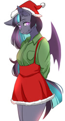 Size: 505x945 | Tagged: safe, artist:kirani, imported from derpibooru, oc, oc only, anthro, bat pony, anthro oc, bat pony oc, christmas, clothes, cute, dress, female, hat, holiday, looking at you, santa hat, shirt, simple background, skirt, smiling, solo, suspenders, thighs, white background, ych result