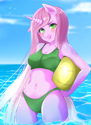 Size: 1259x1732 | Tagged: safe, artist:kirani, imported from derpibooru, oc, oc only, anthro, unicorn, anthro oc, ball, beach, belly button, bikini, blushing, clothes, cloud, female, green swimsuit, sky, solo, swimsuit, water, ych result