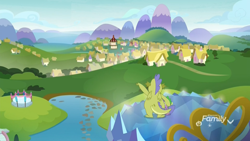 Size: 1920x1080 | Tagged: safe, imported from derpibooru, screencap, sludge (dragon), spike, dragon, father knows beast, balcony, discovery family logo, duo, male, mountain, ponyville, ponyville town hall, scenery, school of friendship, sky, sludge (g4), twilight's castle, winged spike, wings