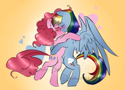 Size: 1142x824 | Tagged: safe, artist:dippin-dott, artist:drawbauchery, imported from derpibooru, pinkie pie, rainbow dash, earth pony, pegasus, pony, blushing, eyes closed, female, heart, kissing, lesbian, mare, pinkiedash, shipping