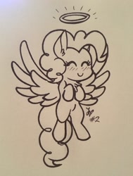 Size: 970x1280 | Tagged: safe, artist:dippin-dott, imported from derpibooru, pinkie pie, pony, angel, angelic halo, blushing, chest fluff, ear fluff, eyes closed, female, halo, happy, mare, monochrome, smiling, solo, traditional art, wings