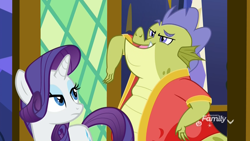 Size: 1920x1080 | Tagged: safe, imported from derpibooru, screencap, rarity, sludge (dragon), dragon, pony, unicorn, father knows beast, bathrobe, clothes, discovery family logo, duo, female, irony, lidded eyes, male, mare, rarity is not amused, robe, sludge (g4), unamused, unimpressed