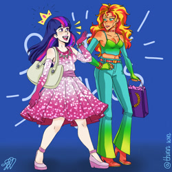 Size: 1080x1080 | Tagged: safe, artist:thinnwin, imported from derpibooru, sunset shimmer, twilight sparkle, human, equestria girls, alternate clothes, alternate costumes, bag, bracelet, choker, clothes, dress, female, human coloration, humanized, instagram, jewelry, lesbian, looking at each other, shipping, shopping, sunsetsparkle, tanktop