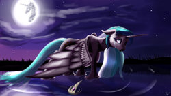 Size: 3840x2160 | Tagged: safe, artist:sintakhra, imported from derpibooru, princess celestia, alicorn, pony, crown, crying, female, jewelry, mare, mare in the moon, moon, night, regalia, ripple, sad, solo, unshorn fetlocks, water, wings