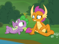 Size: 1041x780 | Tagged: safe, imported from derpibooru, screencap, smolder, spike, dragon, father knows beast, bush, concerned, conversation, cropped, crossed legs, discovery family logo, dragoness, duo, eye contact, female, frown, looking at each other, male, messy hair, messy mane, on back, pond, sitting, winged spike, wings