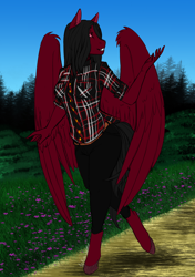 Size: 1512x2150 | Tagged: safe, artist:azraelartz, artist:theecchiqueen, imported from derpibooru, oc, oc only, oc:ruby, anthro, pegasus, unguligrade anthro, anthro oc, clothes, commission, female, grass, mare, pants, pine tree, plaid shirt, sky, smiling, solo, tree