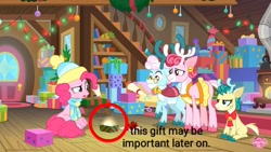 Size: 1280x720 | Tagged: safe, edit, edited screencap, imported from derpibooru, screencap, alice the reindeer, aurora the reindeer, bori the reindeer, pinkie pie, best gift ever, circle, speculation, text, text edit, theory