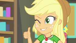 Size: 1920x1080 | Tagged: safe, imported from derpibooru, screencap, applejack, equestria girls, equestria girls series, rollercoaster of friendship, female, one eye closed, solo, thumbs up, wink