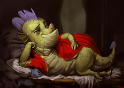 Size: 1200x850 | Tagged: safe, artist:assasinmonkey, imported from derpibooru, sludge (dragon), dragon, father knows beast, clothes, couch, digital art, digital painting, draw me like one of your french girls, lying, male, robe, sludge (g4), solo